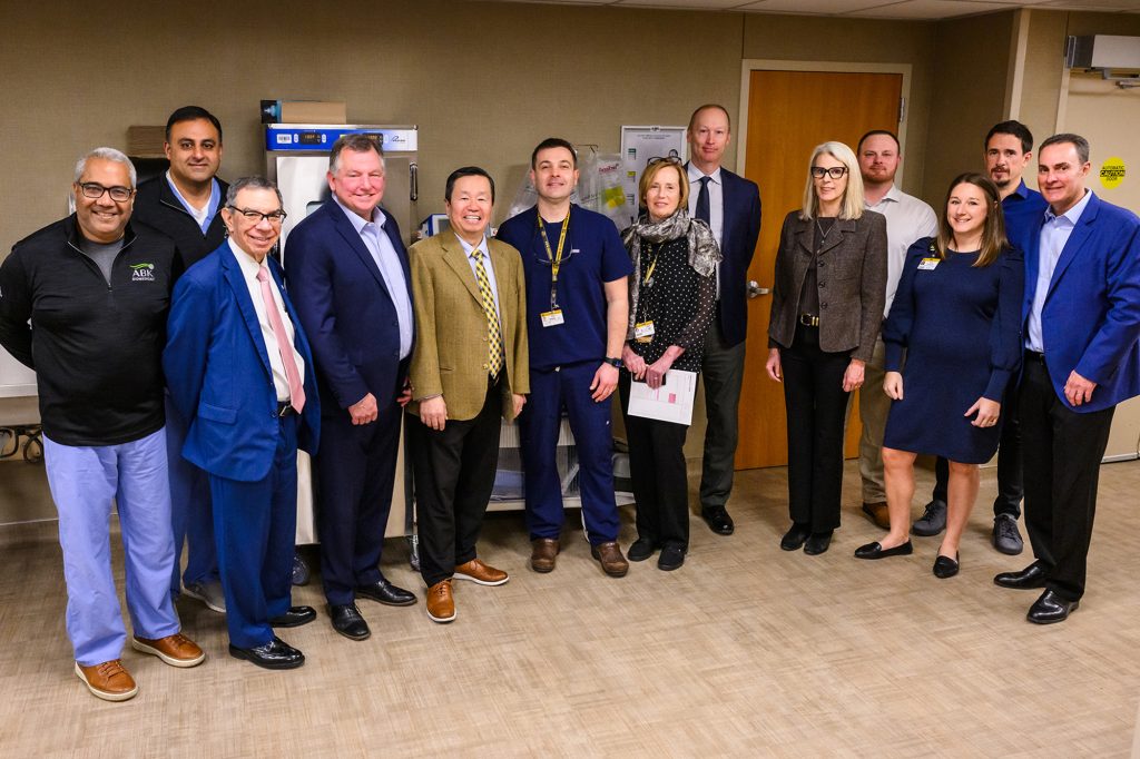 Leaders from MU Health Care, The MU School of Medicine, MU Campus and ABK Biomedical celebrate the first patient at MU Health Care to participate in a clinical trial at University Hospital.
